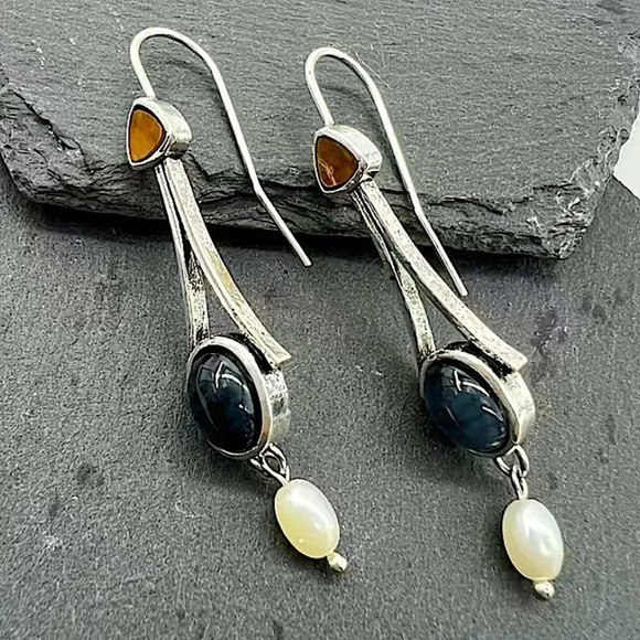 Silver Vintage Handmade Boho Geometric Stone Dangle Earrings - Picture 4 of 6